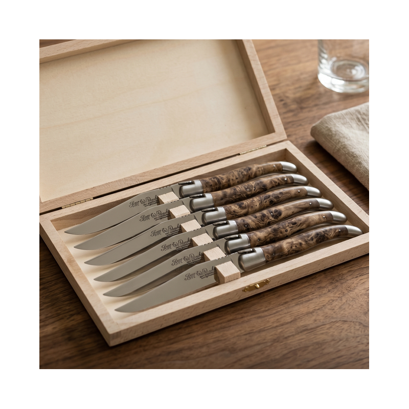 coffret 6 couteaux de table en bois d'olivier